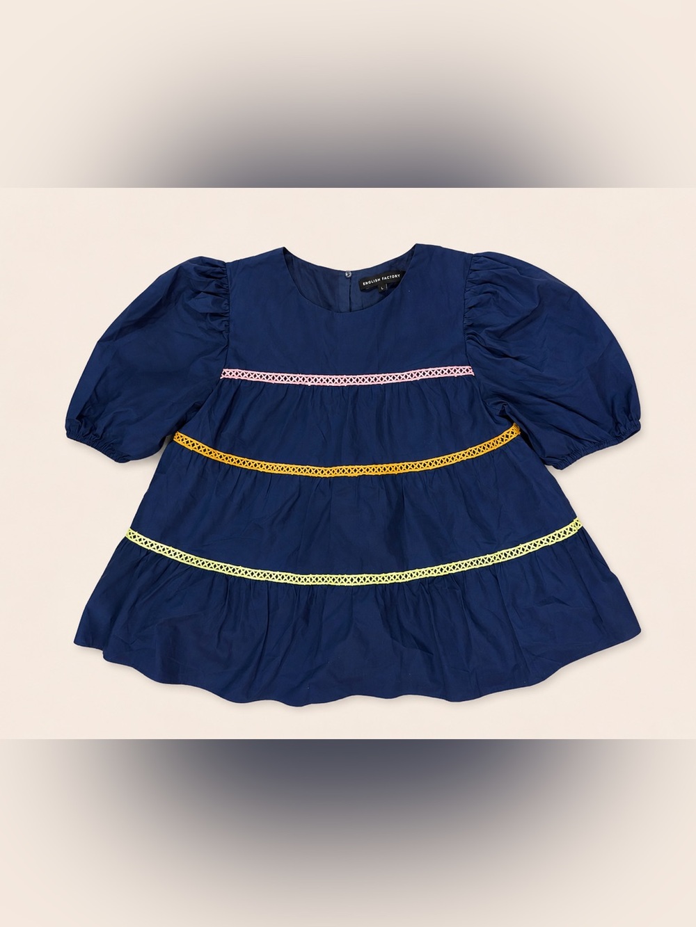 English Factory Navy Tiered Puff Sleeve Top with Pink, Yellow & Lime Trim